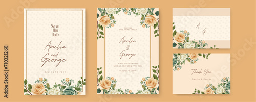Beige and green rose artistic wedding invitation card template set with flower decorations