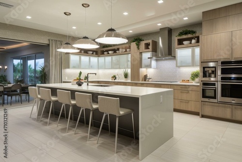 Contemporary kitchen with twin bar stools. Generative AI © Thisbe