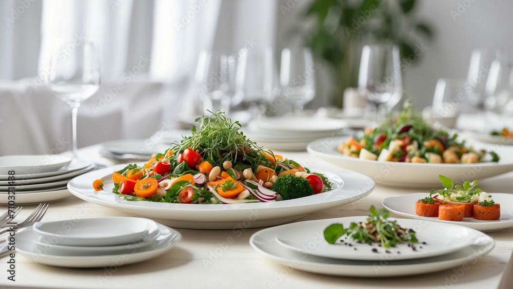 a selection of freshly prepared vegetarian dishes on a clean, white wooden table in a chic restaurant environment