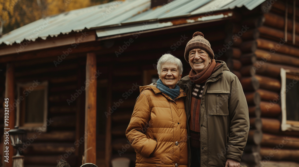 Senior couple standing outside log cabin in countryside