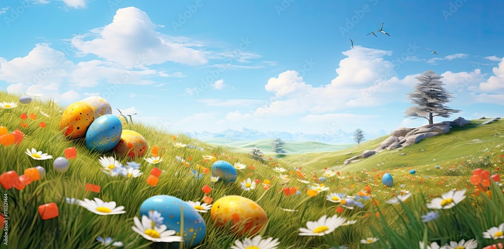 A green field with easter eggs and flowers