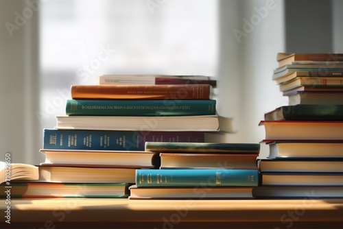 A book pile close up on a study desk. Front view pile book. Stack of colorful books on study table