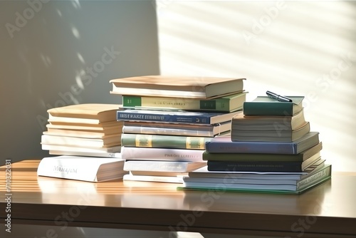 A book pile close up on a study desk. Front view pile book. Stack of colorful books on study table © KaitoDesign