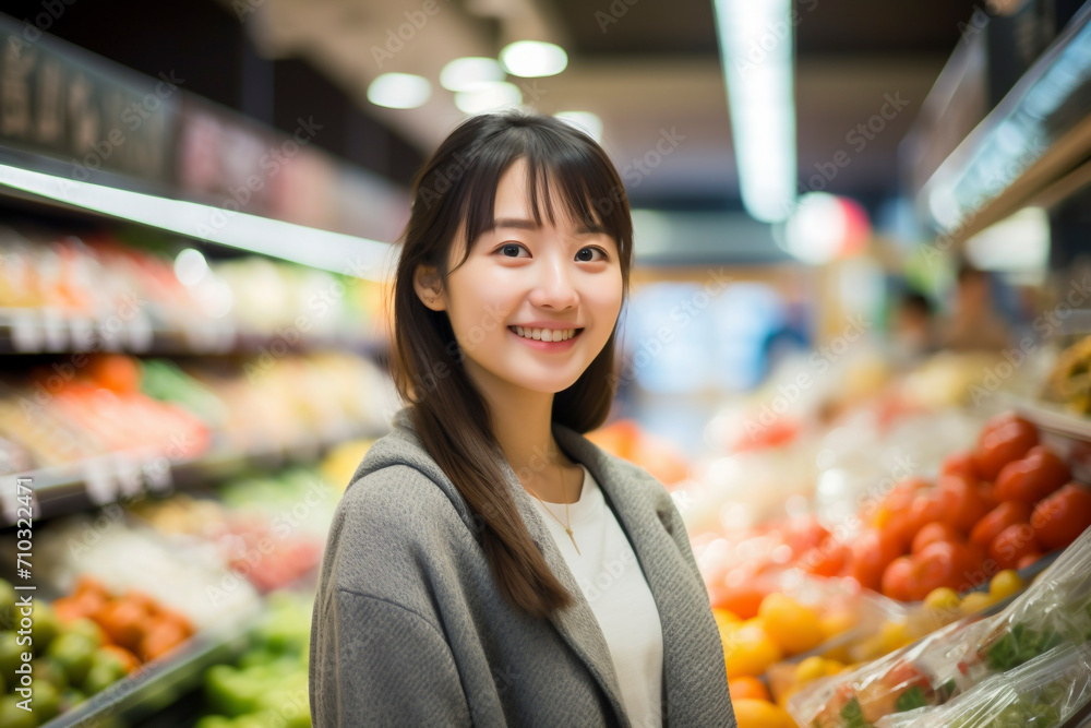 スーパーマーケットで買い物をしている日本人女性「AI生成画像」