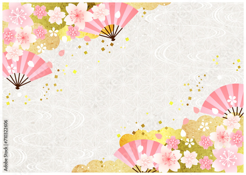 和風、麻の葉模様、桜、扇、雲、背景、横向き