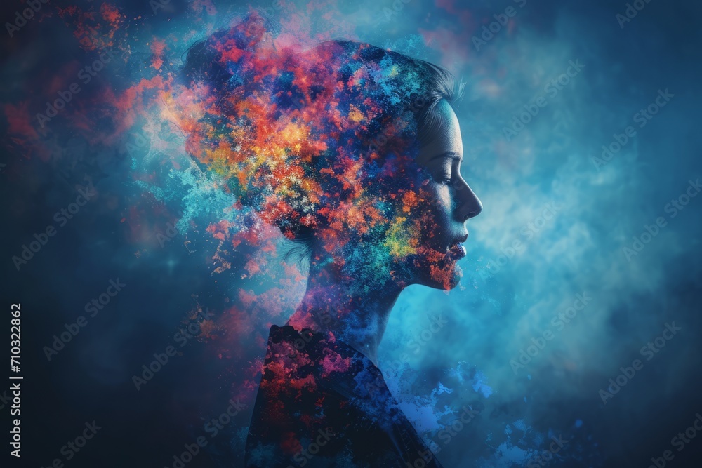 A woman's profile with colorful smoke coming out of her head in a surreal portrait. - obrazy, fototapety, plakaty 