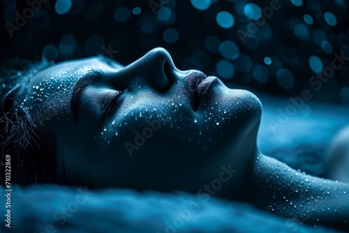 A woman with a glowing blue face and glowing magical shiny skin laying on top of a bed covered in snow.