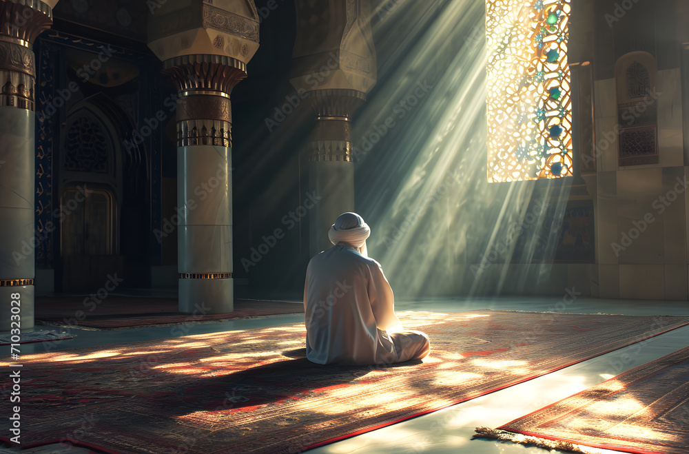 Muslim man praying while sitting on the mosque floor in the sunbeam. Sunlight rays and haze through the window create a serene atmosphere. Ramadan or islamic concept photo with copy space for texts. Muslim man praying while sitting on the mosque floor in the sunbeam. Sunlight rays and haze through the window create a serene atmosphere. Ramadan or islamic concept photo with copy space for texts.