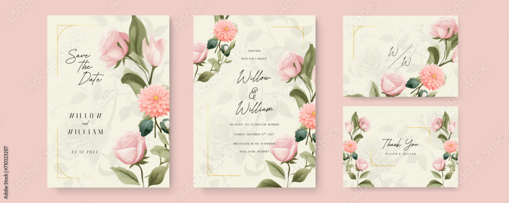 Pink rose and chrysanthemum set of wedding invitation template with shapes and flower floral border
