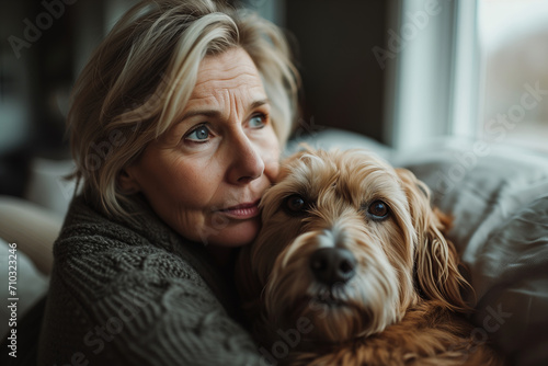 Sad lonely middle aged woman hugging dog together while sitting indoors at home. Psychological support, mental health, friendship with a pet