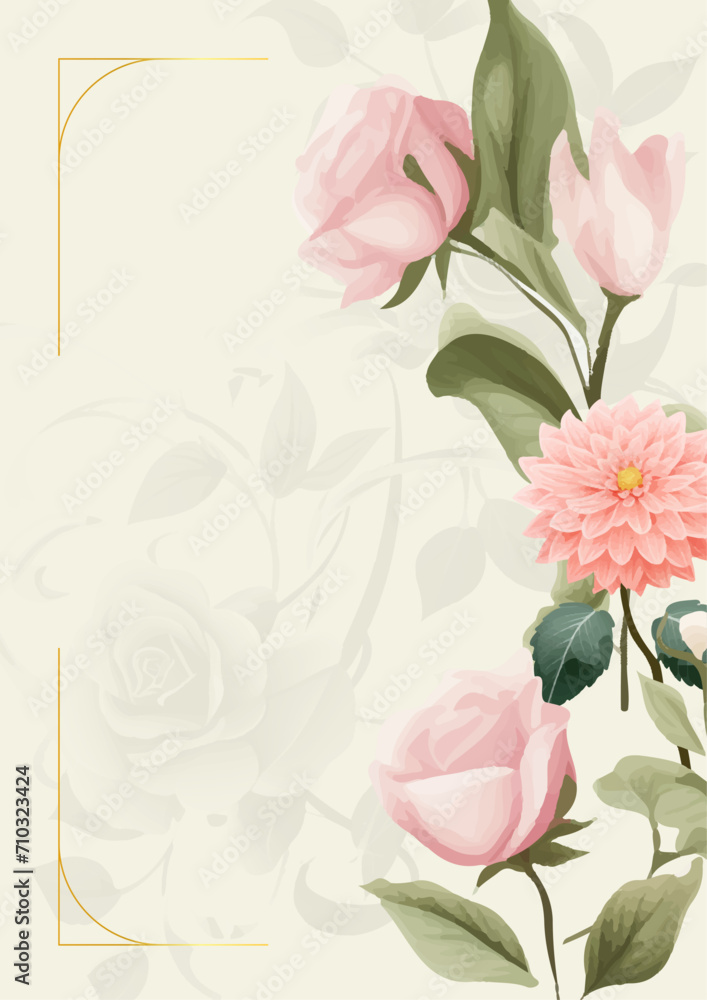 Pink and beige elegant watercolor background with flora and flower