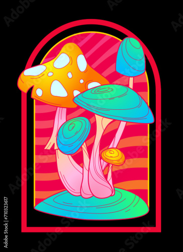 Bright sticker with trippy mushroom on grass over red stripped groovy background. Cartoon vector landscape with neon fantasy psychedelic fungi. Funky fluorescent glowing hallucinogenic fungus.