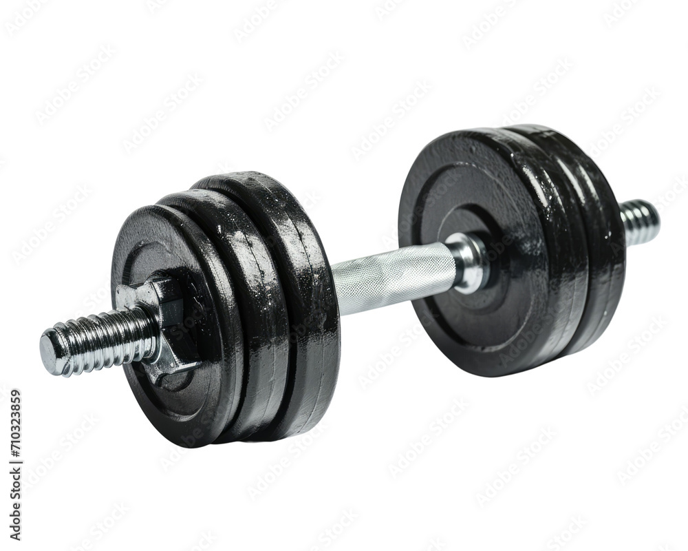 Naklejka premium Dumbbell with adjustable plates on a transparent background, symbolising strength training.