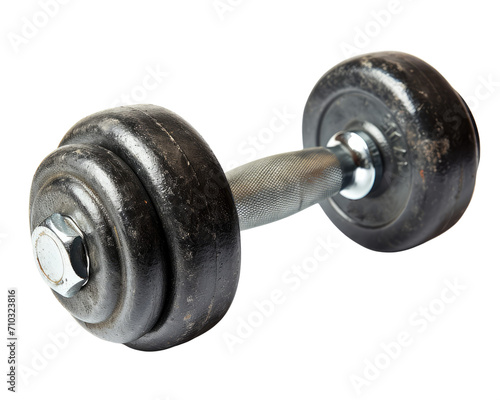 Old, rusted dumbbell with adjustable plates on a transparent background, symbolising strength training.