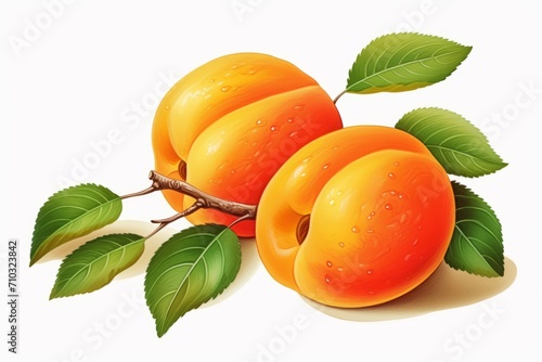 Two apricots with leaves are seen on a white background in a clean, cel shaded vector art and photorealistic illustration. photo