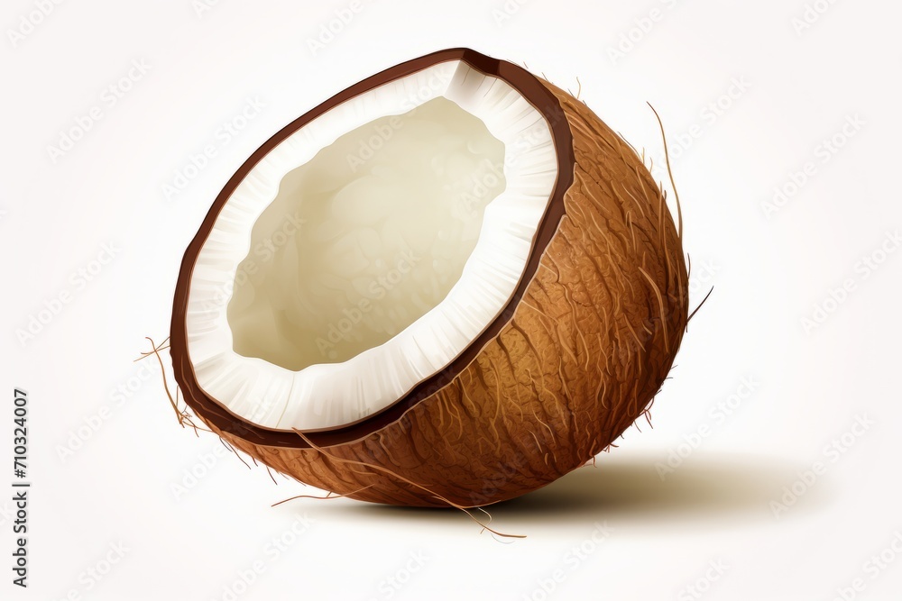 A half eaten coconut on a white surface in a high detailed, hyper detailed, and realistic illustration. A half eaten coconut on a white surface in a high detailed, hyper detailed, and realistic illustration.
