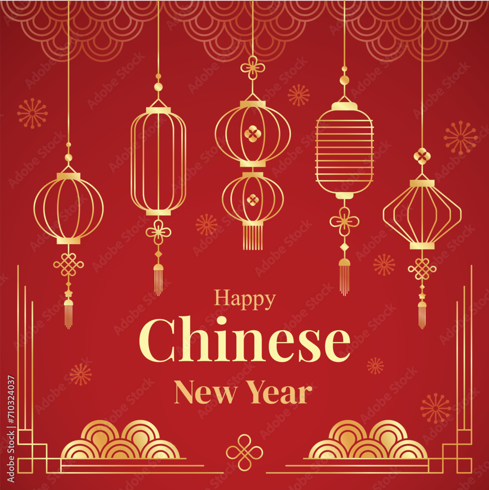 Naklejka premium Happy Chinese New Year vector, Year of the Dragon banner template design on a gradient red background, gold hanging lantern. Modern luxury oriental illustration for cover, banner, website.