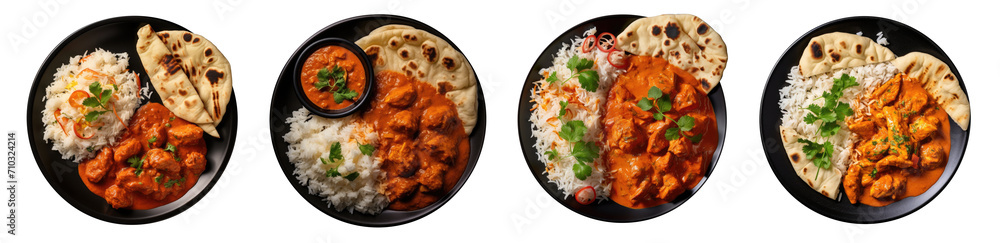Chicken tikka masala spicy curry  in black bowl isolated on white or transparent background . Portuguese Influenced Indian dish made by cooking chicken in gravy spice paste.