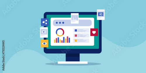 Social media analytics, content performance data on dashboard screen, sponsored ad click rate, sharing and audience view insights. Vector illustration web banner.