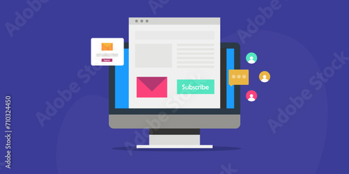 Subscribe to blog newsletter, email marketing sending message to audience, business using electronic mail communication, vector illustration. photo