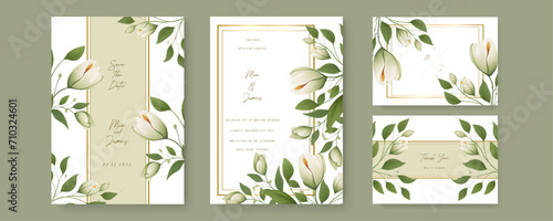 Green and white tulip beautiful wedding invitation card template set with flowers and floral #710324601
