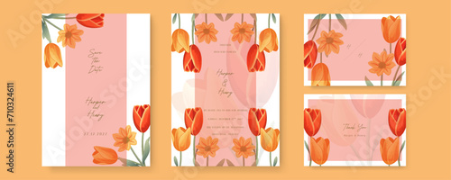 Red and orange tulip and cosmos vector elegant watercolor wedding invitation floral design