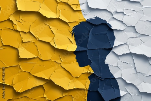 A person, symbolizing freedom from CPTSD, breaking apart, sensory processing overload, and the tragedy of the mind-driven loss of inner self, standing in front of a yellow and white wall. photo