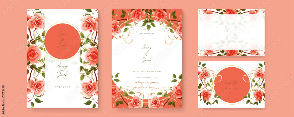 Red rose artistic wedding invitation card template set with flower decorations Red rose artistic wedding invitation card template set with flower decorations