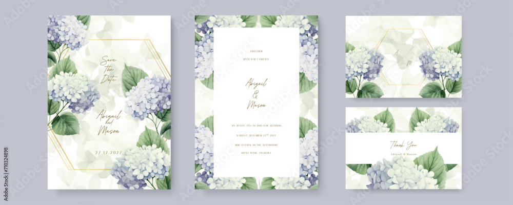 Blue and white hydrangea modern wedding invitation template with floral and flower - obrazy, fototapety, plakaty 