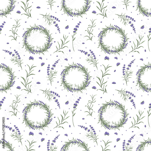 Seamless pattern of lavender wreaths and lavender branches and flowers. Design for packaging, bed linen, textiles and other designs. Vector illustration