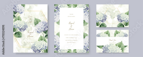 Blue and white hydrangea modern wedding invitation template with floral and flower photo
