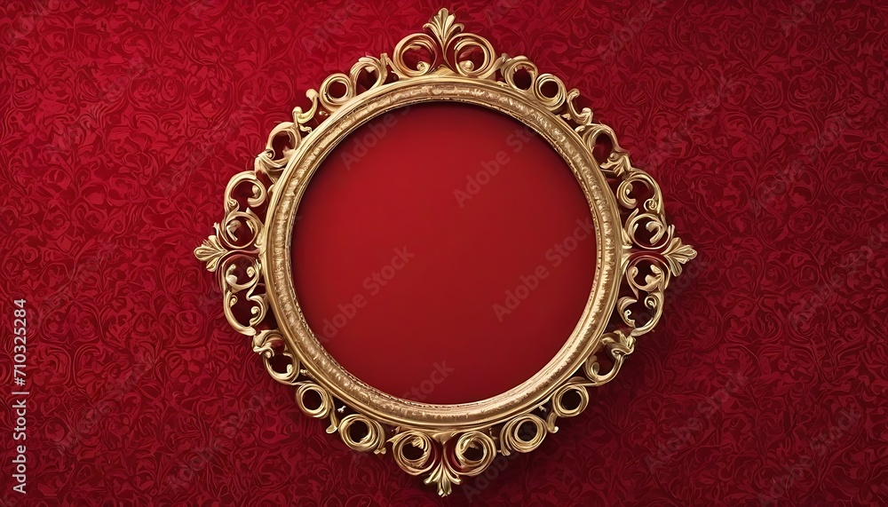 Round empty baroque gold frame on scarlet red velvet background Round empty baroque gold frame on scarlet red velvet background