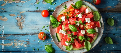 Watermelon and tomato salad with feta cheese on blue wood, seen from above.