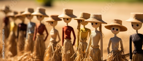 adorable handmade straw dolls symbolize a Peasant women Community, Human Solidarity, web banner for marketing, cards, invitations, poster