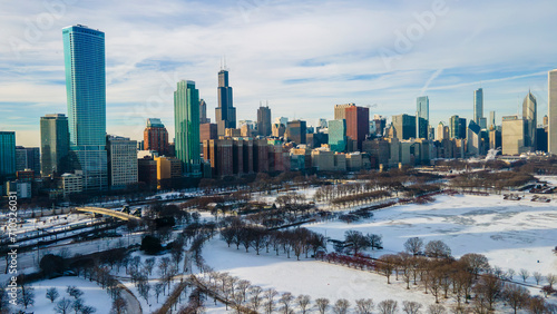 Chicago, IL USA January 15th 2024: Aerial drone footage of Chicago downtown  during winter time with below zero temperatures.  the area is empty due to cold weather 