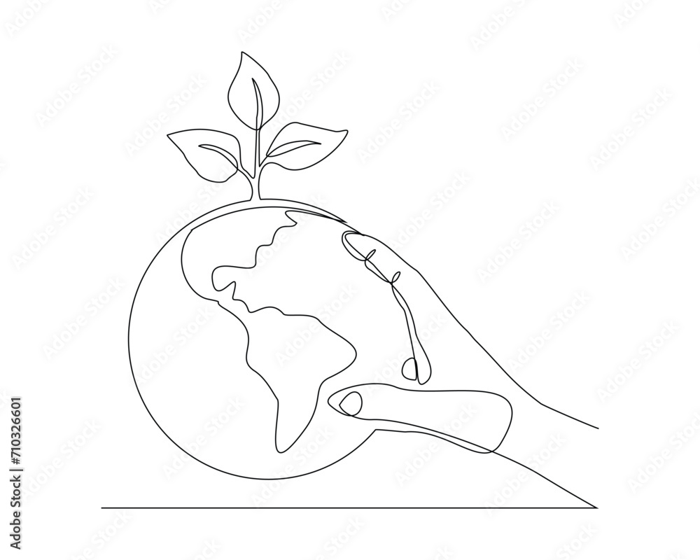 Continuous single line sketch drawing of palm hand holding earth globe and plant tree save world environment. One line art of protect nature ecology earth care world day vector illustration Continuous single line sketch drawing of palm hand holding earth globe and plant tree save world environment. One line art of protect nature ecology earth care world day vector illustration