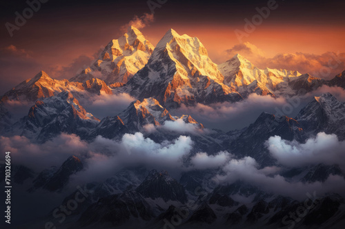 Himalaya representation with Mt Everest at sunset