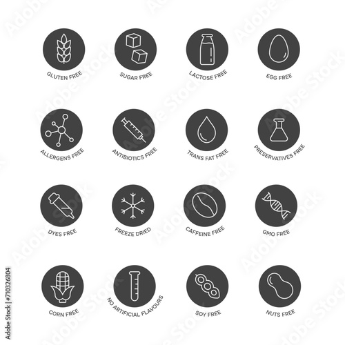 Allergen free. Black icons set, thin line. Lactose free, gluten free, sugar free signs. Vector illustration	