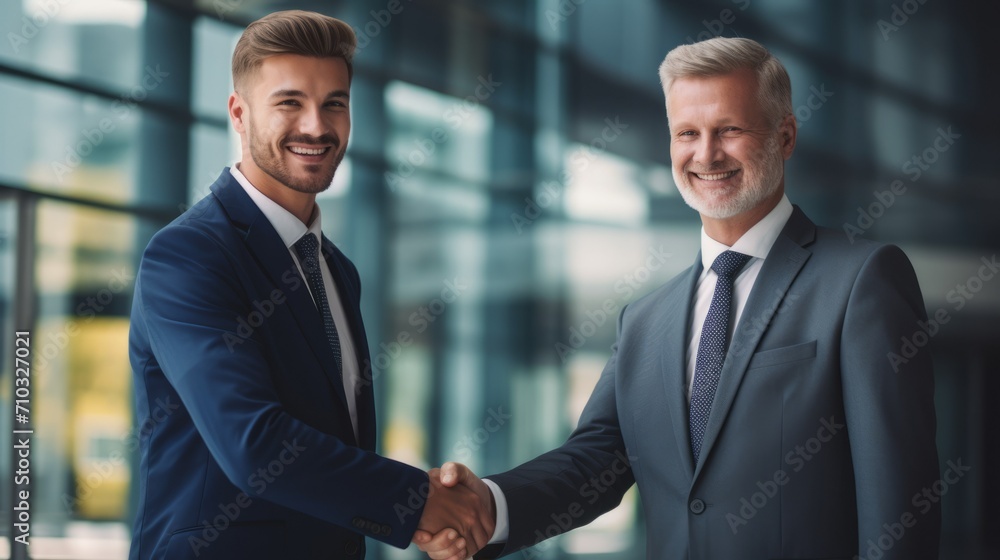 Portrait of a cheerful young male manager shaking hands with a new employee of a business center against the background of a modern office. Portrait of a cheerful young male manager shaking hands with a new employee of a business center against the background of a modern office.