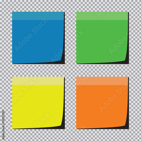 Paper notes , sticky notes. Colorful stickers or notepad pages with curled corners. Empty blanks for messages. Realistic mock up. photo