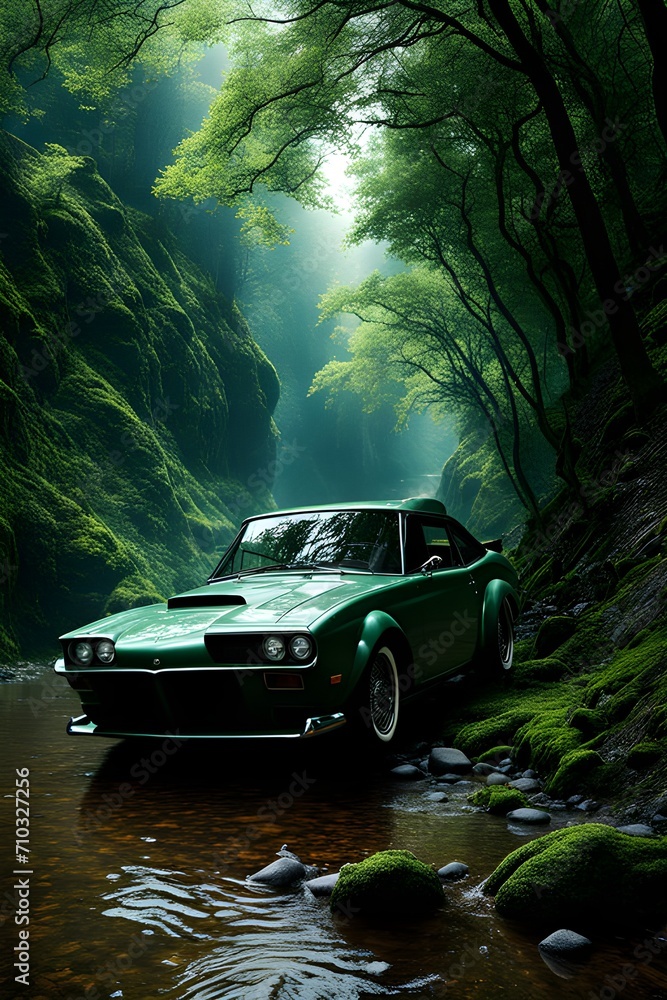 green car parked near water body in the beautiful natural forest