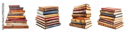 pile of old cultural books , reference library , isolated on a transparent background. PNG, cutout, or clipping path.	
