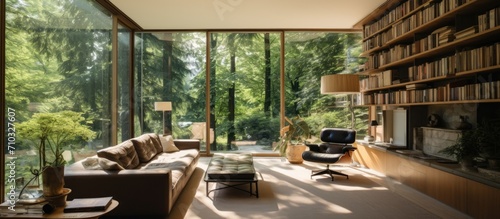 Unoccupied open living room with nature views through big windows.