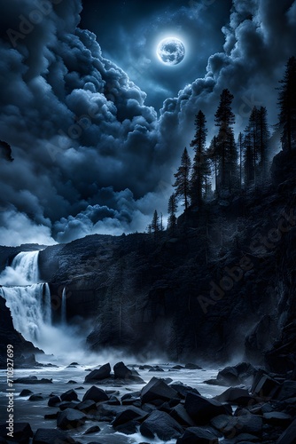 dark clouds over the waterfall beside trees