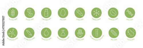 Food allergen free icons set. Lactose free, gluten free, sugar free signs. Vector illustration photo