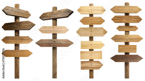 Set of old wooden road direction signposts. ,isolated on a transparent background. PNG, cutout, or clipping path. 