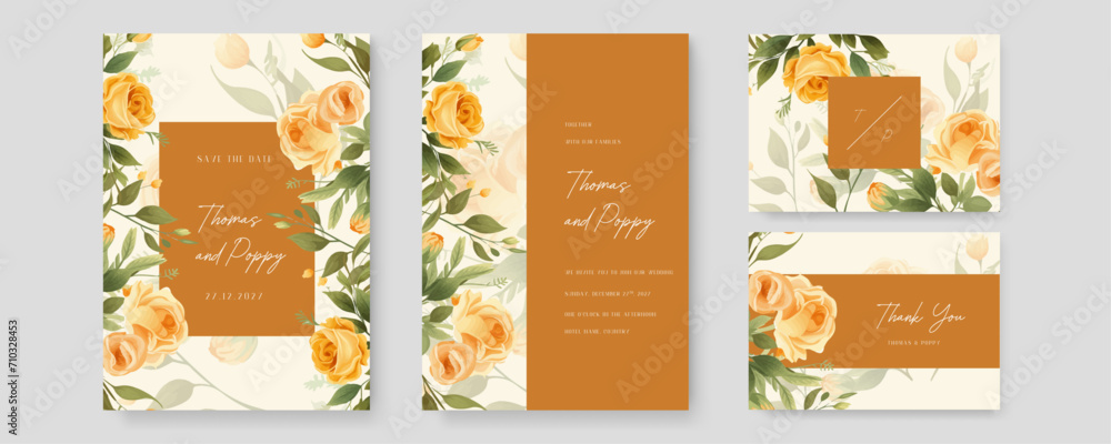 Yellow and orange rose beautiful wedding invitation card template set with flowers and floral. Gradient golden luxury boho watercolor wedding floral invitation template