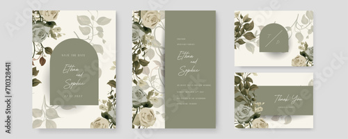 Green and gray grey rose set of wedding invitation template with shapes and flower floral border. Gradient golden luxury boho watercolor wedding floral invitation template