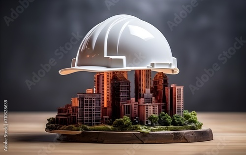 white safety helmet on model building in construction site