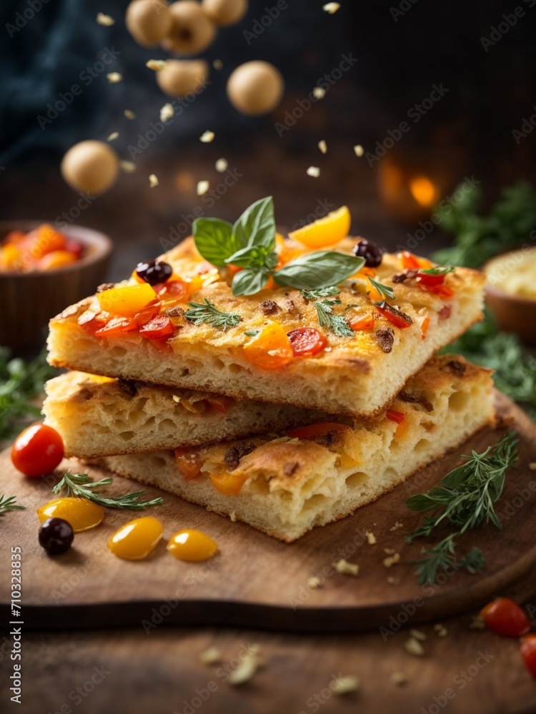 Italian Focaccia, flat leavened oven-baked Italian bread in studio background, cinematic food photography Italian Focaccia, flat leavened oven-baked Italian bread in studio background, cinematic food photography